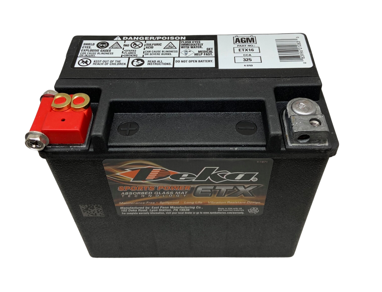 Does the ETX16 battery have a top or side cable connection?