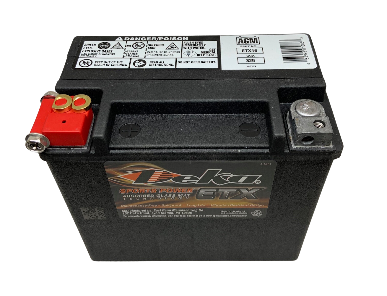 When facing the posts on the Deka ETX16 battery, is the positive on the right or left?